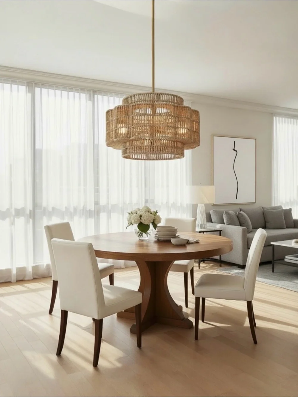 NEW West Elm XL 4-Light Petal Boho Rattan Woven Chandelier Hanging Light Fixture